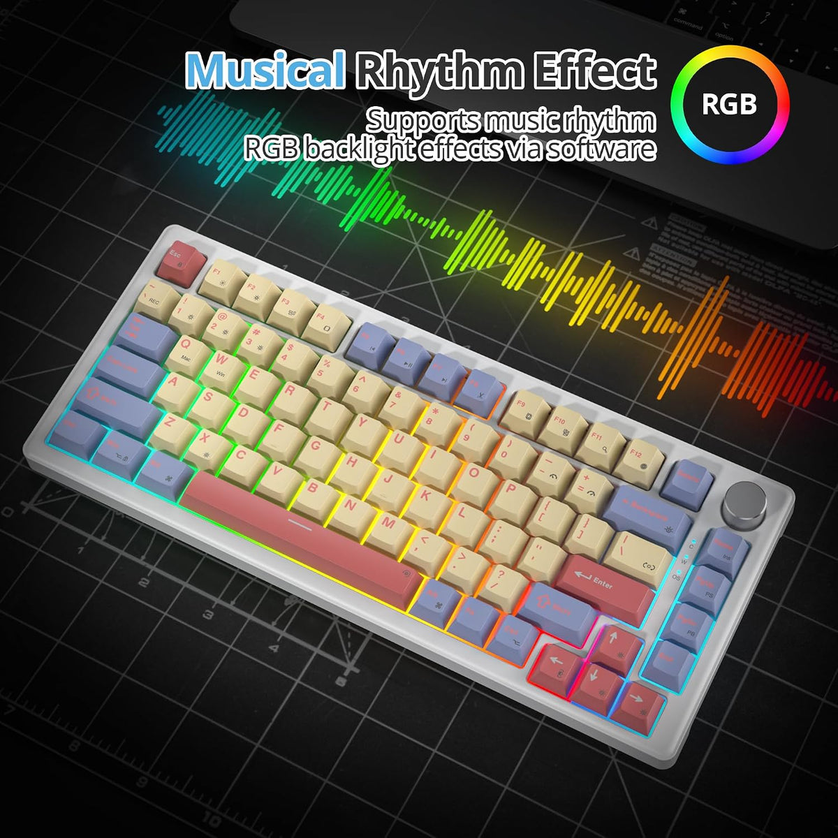 75% Mechanical Keyboard Gasket with Knob, Custom Wired Creamy Gaming Keyboard TKL 75 Percent Hot Swappable RGB Backlit, Pre-lubed Switch for Win/MAC PC Laptop（Cotton Candy/White Switch）