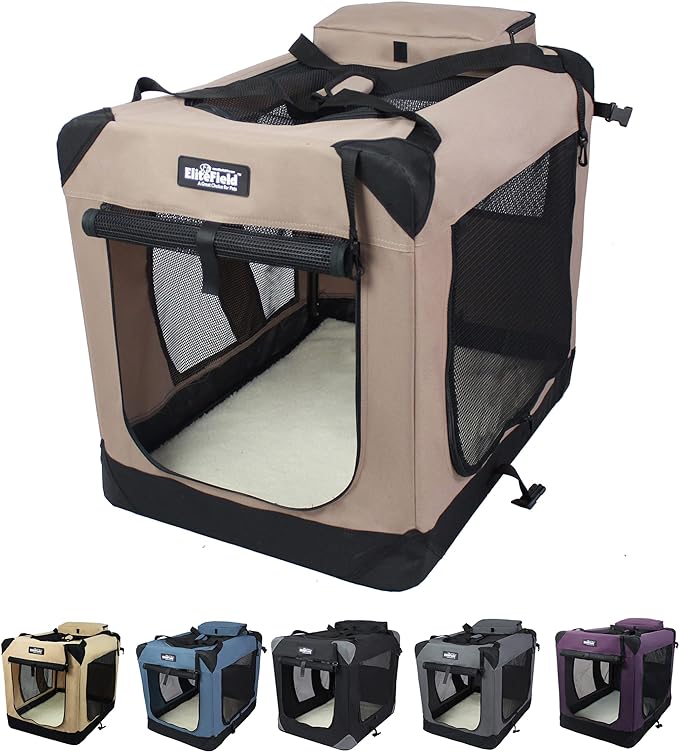EliteField 3-Door Folding Soft Dog Crate with Carrying Bag and Fleece Bed (2 Year Warranty), Indoor & Outdoor Pet Home (20" L x 14" W x 14" H, Khaki)