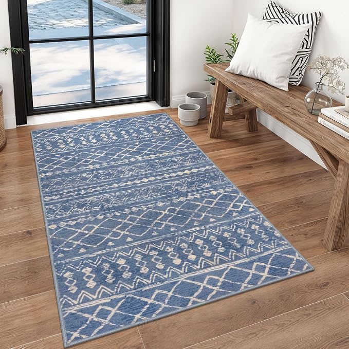 KUTA 3x5 Boho Area Rug for Living Room, Moroccan Blue Beige Washable Kitchen