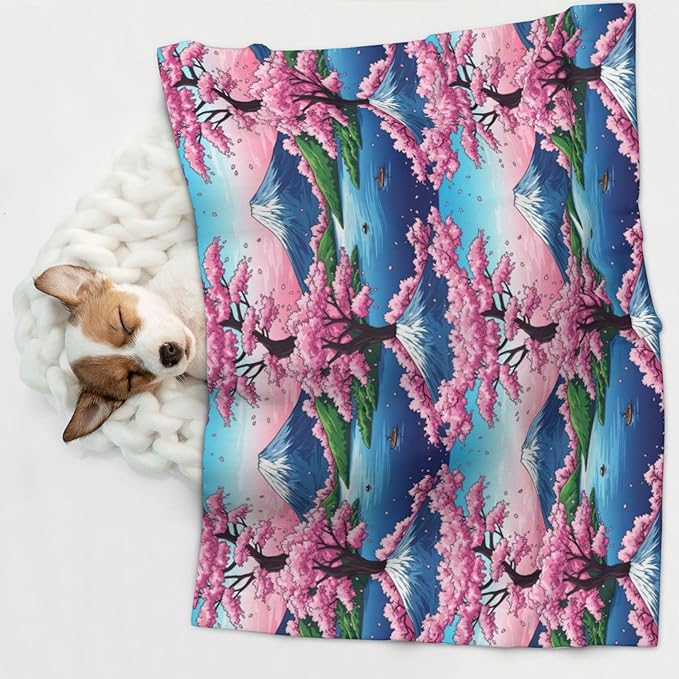Two Sided Plush Pet Blanket for Warmth Comfort, Hokusai Japan Ink Cherry Flower Mount Fuji Painting, Reversible Throw with Cozy Nubby Side for Chilly Nights Napping Spots Around House