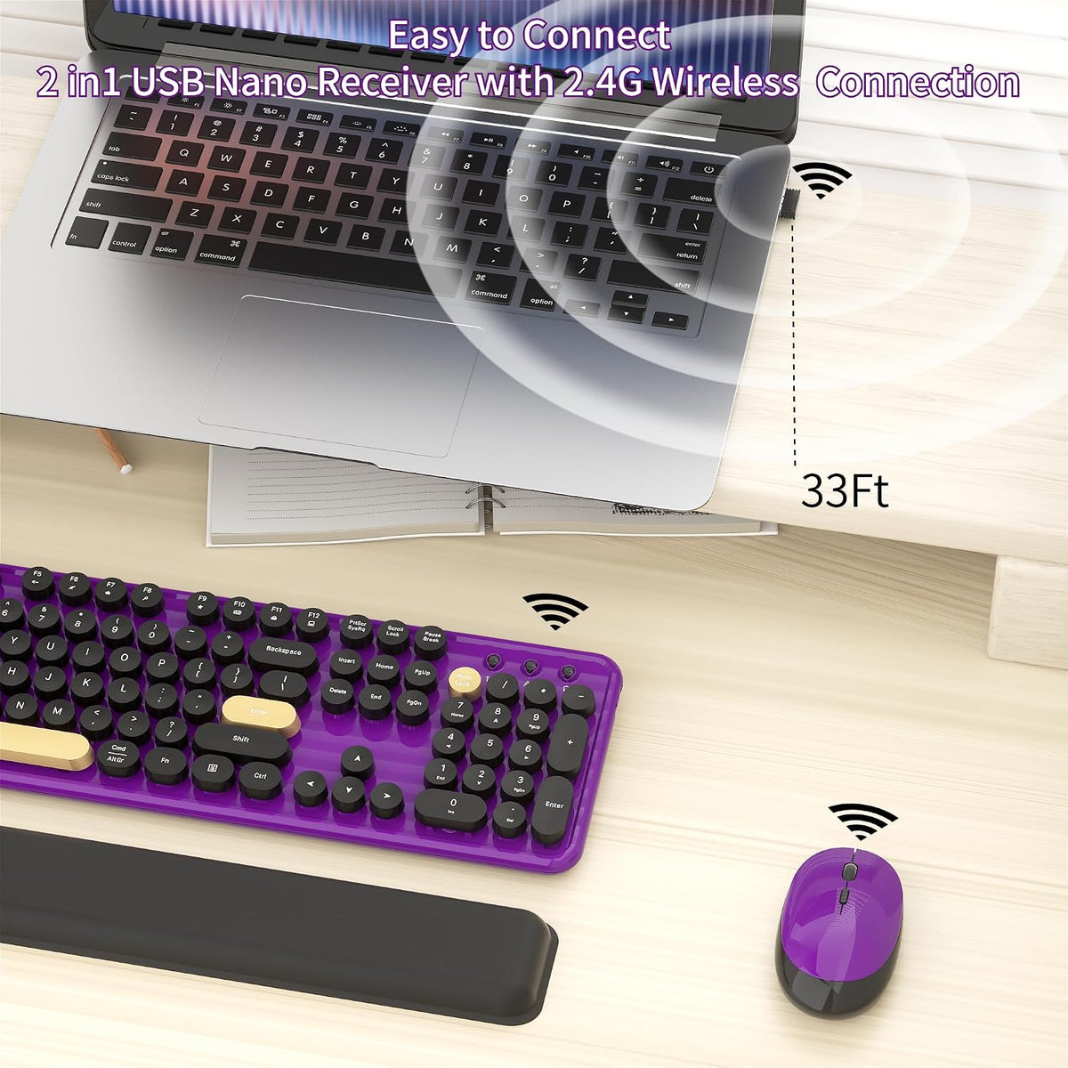 Wireless Computer Keyboard and Mouse Combos, Purple-Black