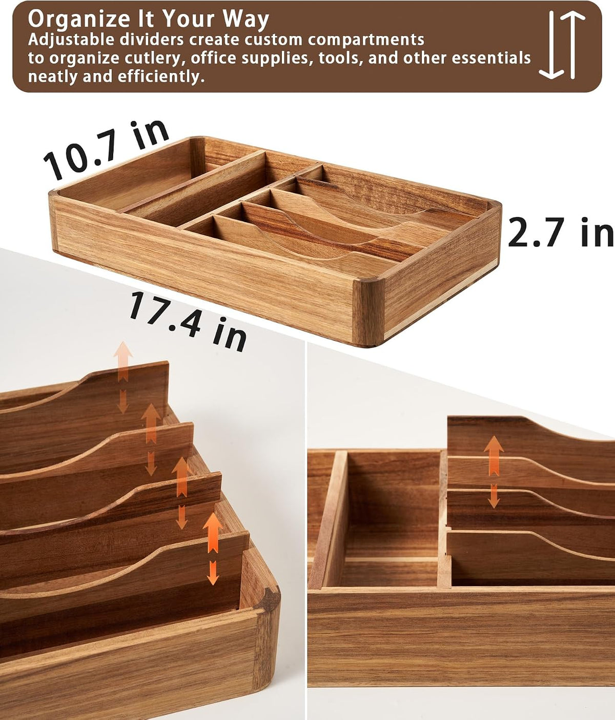 Silverware Drawer Organizer, Acacia Wood Tray for Cutlery & Flatware | 7-Compartment Utensil Holder for Forks & Spoons，17.5"×10.5"×2.7"