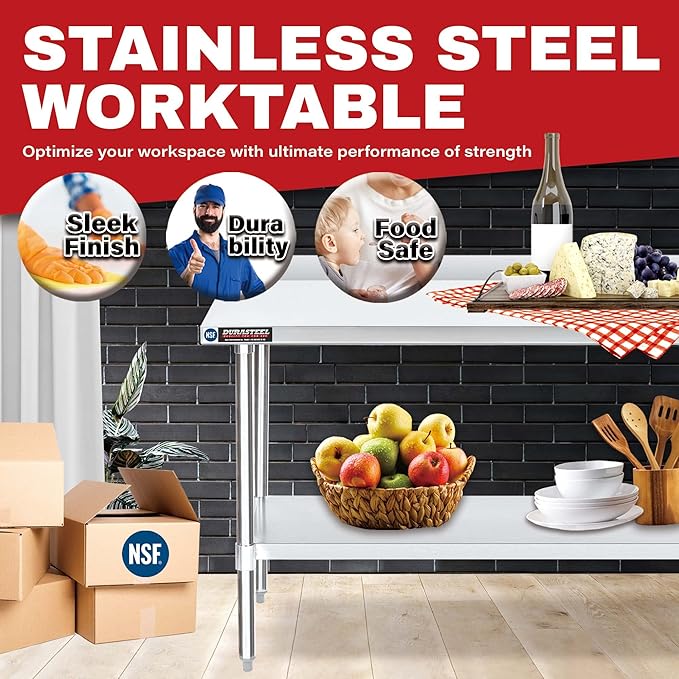 DuraSteel NSF Commercial Kitchen Table - 24 x 48 Inch Cooking Prep Stainless Steel Kitchen Island Workstation w/ Adjustable Under Shelf - Heavy Metal Backsplash Workbench For Restaurant, Home, Garage