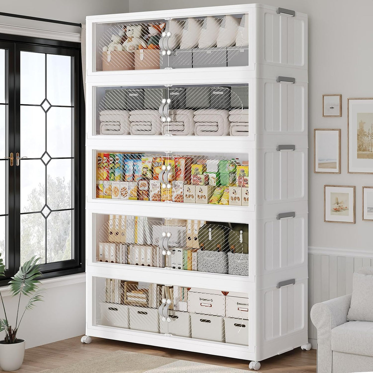 800QT Extra Large Stackable Storage Bins with Lid, 200Gal Plastic Closet Organizers and Storage Drawer, Collapsible Cabinet Box with Wheels Clear Doors for Home Kitchen Office, 5Pack White