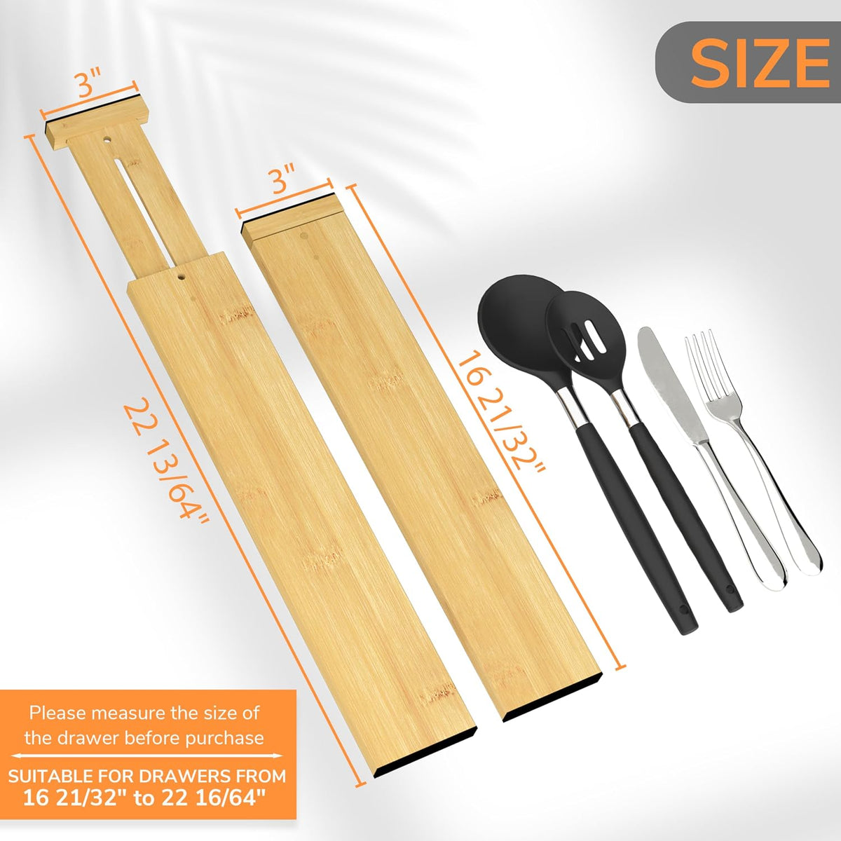 BAMEOS Bamboo Expandable Drawer Dividers – Fits 16.65"–22" Drawers, 3" Deep Walls, Set of 4 | Taller Spring-Loaded Separator Keeps Items Upright in Kitchen & Dresser Drawers