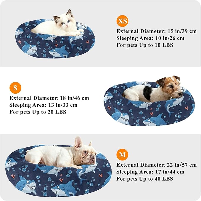 Burbuja Sharks Donut Pet Bed, Calming Soft Dog Bed with Anti-Slip Bottom, Round Cuddler Support for Dogs & Cats, Washable 13 in