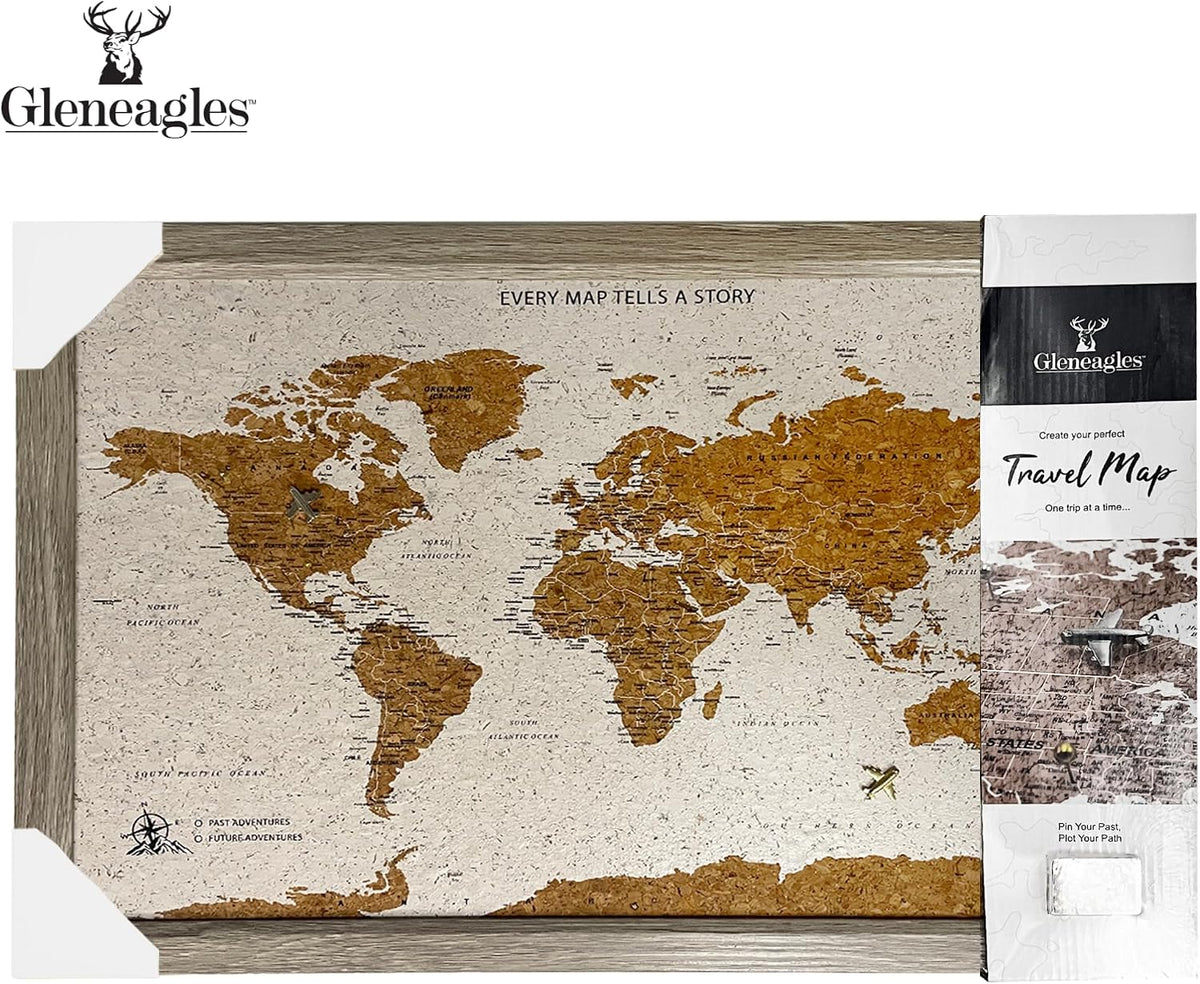 Gleneagles World Travel Map Pin Board - Beige Cork, 70 Pins, Wall Decor