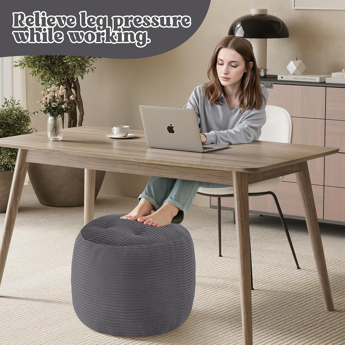 MeMoreCool Round Pouf Ottoman 20x15 Inch, Corduroy Footstool, Dark Grey