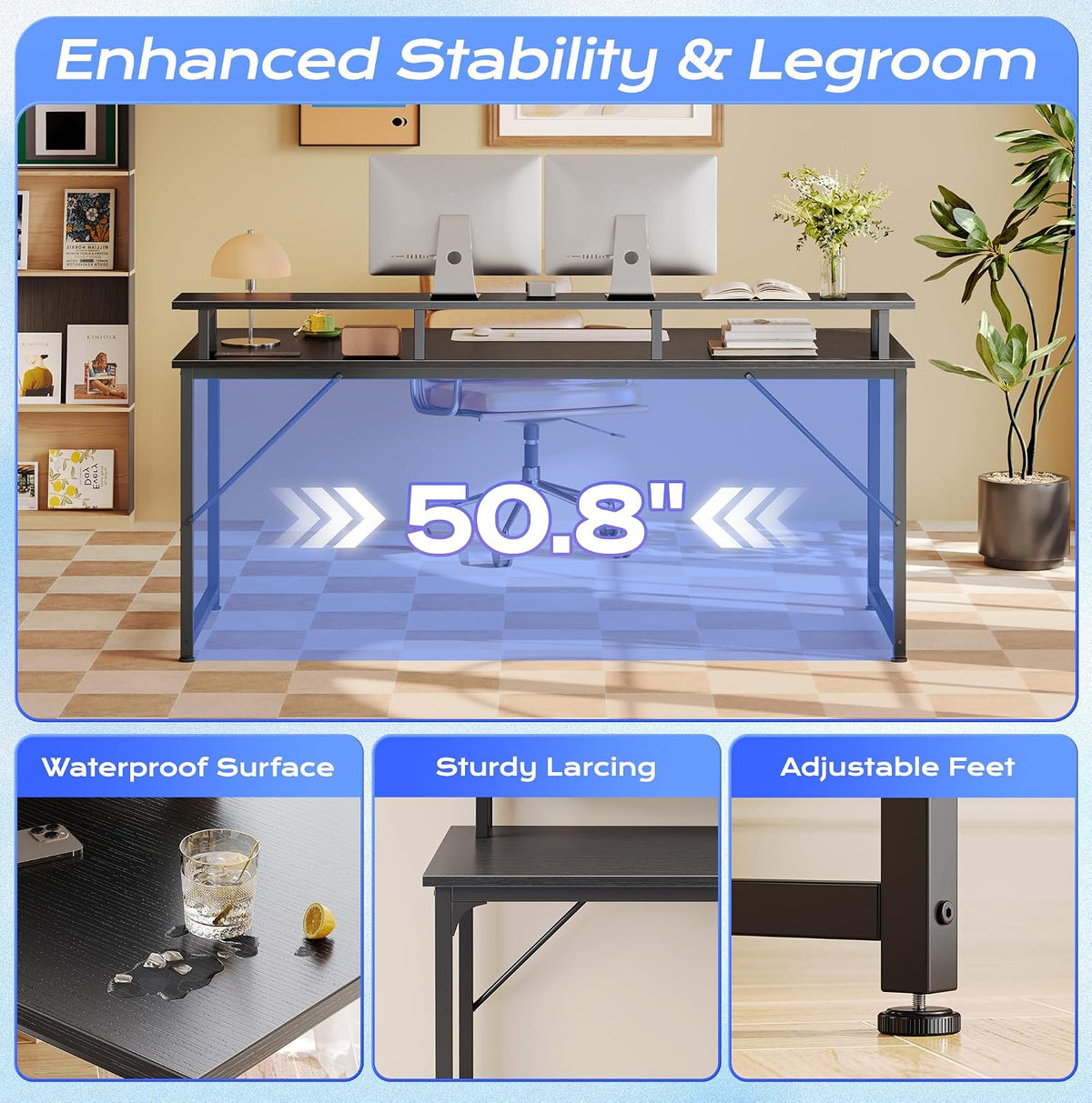 PRAISUN 55 inch Gaming Desk, LED & Power Outlets, Monitor Stand, Black