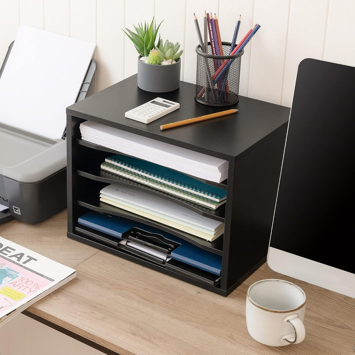FITUEYES Wood Desk Paper Organizer for Home Office, Black