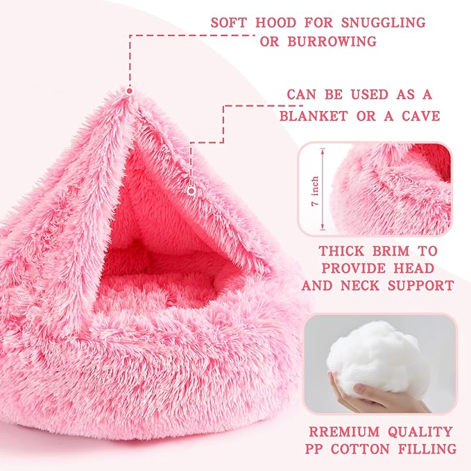 NOYAL Calming Dog Bed for Anxiety, Hooded Donut Cave with Blanket, Plush Fluffy Washable Pet Bed for Small Medium Dogs & Cats