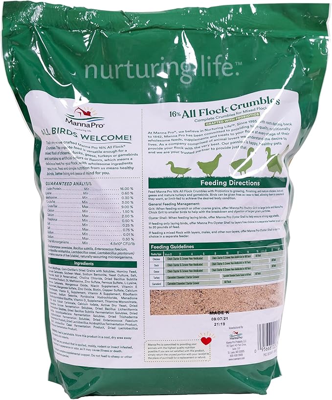 Manna Pro All Flock Crumbles, Crafted with Probiotics for Gut Health & Digestion, 16% Protein for Mixed Flocks with No Artificial Colors or Flavors, Crumbled for Easy Feeding, 8 lbs
