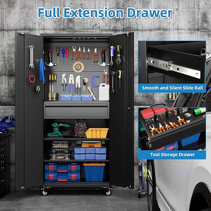 SUXXAN 71" Metal Garage Storage Cabinet with 16 Hooks and Pegboards,1 Drawer Inside Rolling Tool Storage Cabinet with Adjustable Shelves,3 Metal Hanging Rod for Garage,Warehouse