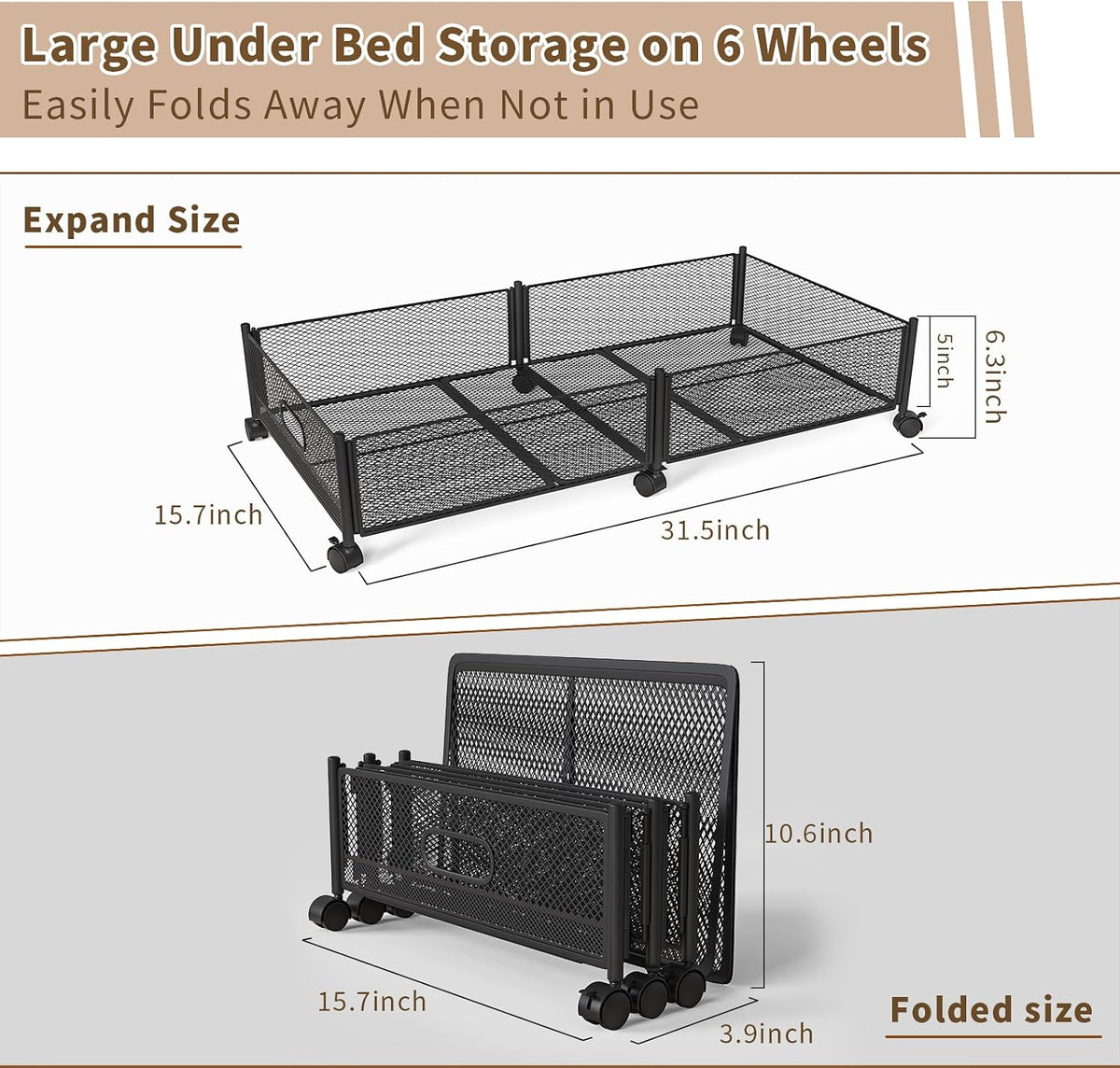 Under Bed Storage on Wheels, Upgraded 31.5 inch Large Rolling Under Bed Storage, Metal Foldable Underbed Drawers Organizer Tool-free Assembly Underbed Shoes Clothes Organize