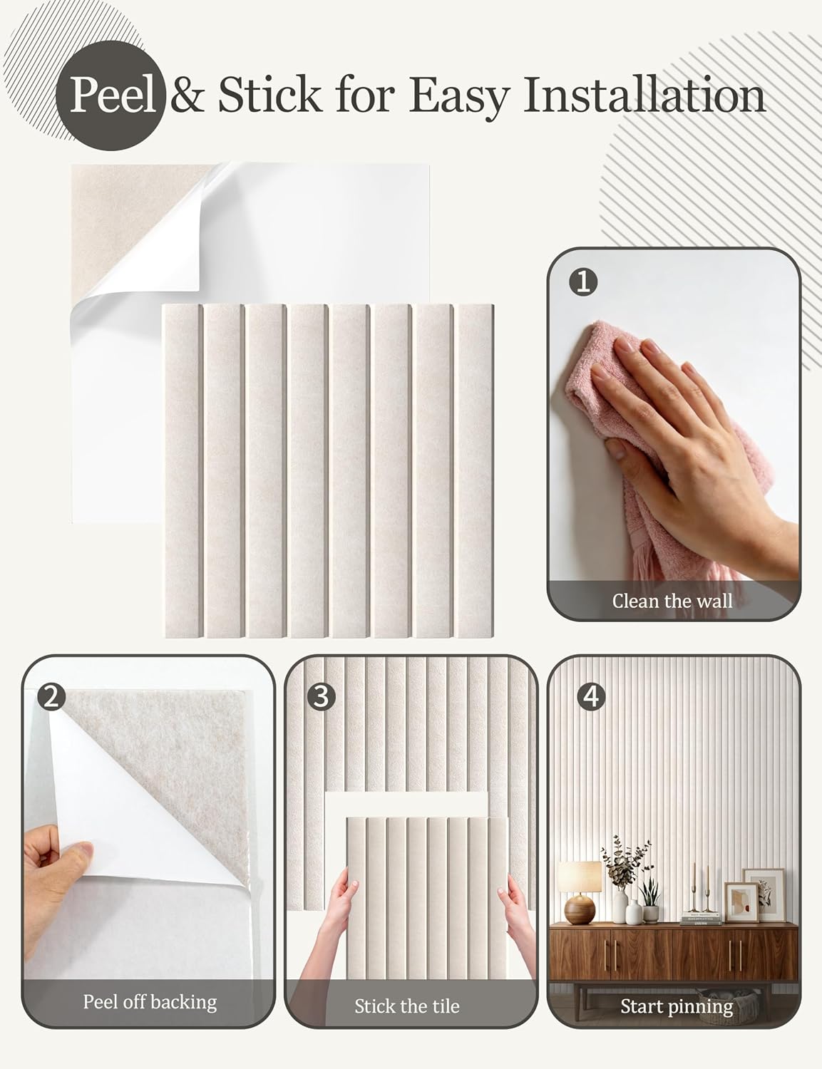 Felt Bulletin Board Tiles 48" x 36", Large Pin Board Wall Organizer Alternative, Self Adhesive Felt Wall Panels with 50 Push Pins & Storage Pouch for Office, Bedroom and Study Room, Oatmeal