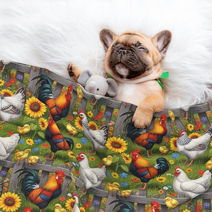 Pet Blanket for Indoor Outdoor Use, Chicken Rooster Garden Flowers Painting, Two Sided Reversible Plush Mat with Bumpy Dot Texture for Patios Crates Portable Bed Companion