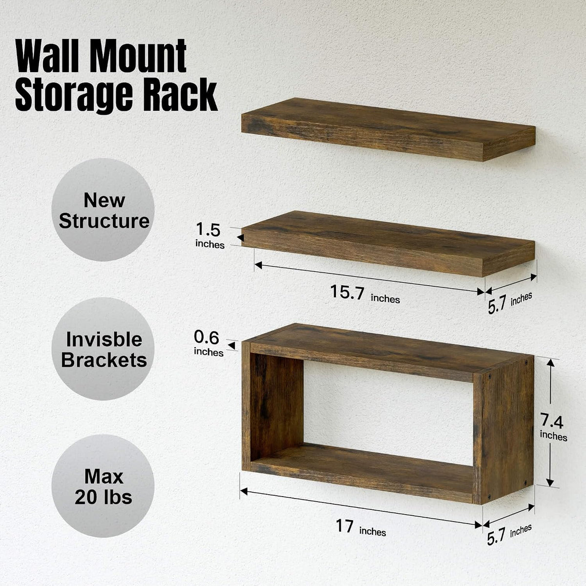 RICHER HOUSE 3-Set Brown Floating Wall Shelves, Bathroom Shelf Over Toilet