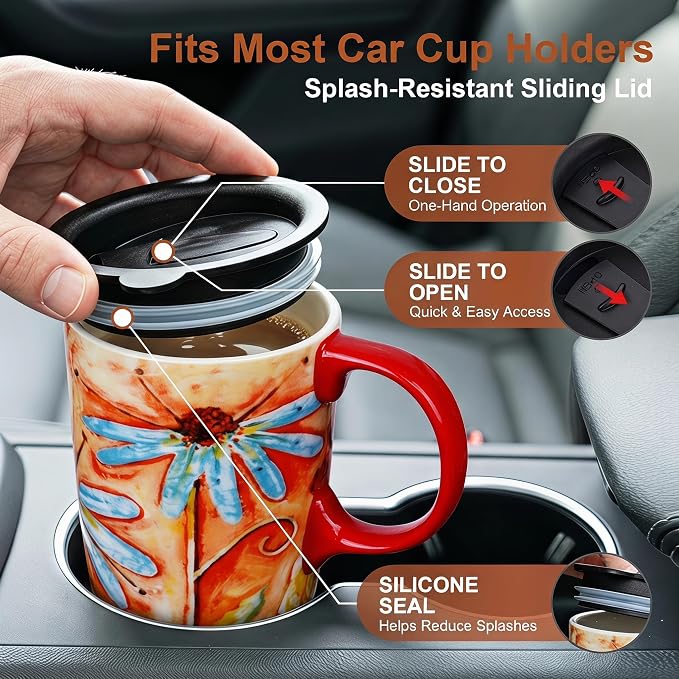Topadorn 17 oz Ceramic Travel Mug, Colorful Floral Coffee Mug