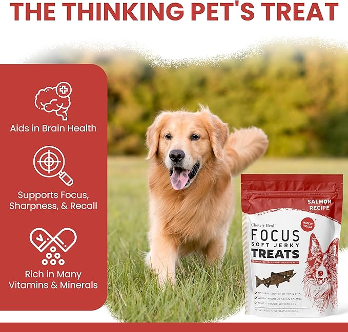 Chew + Heal Labs Dog Salmon Jerky Treats with Cognitive Support - 12 oz of Wild Caught Salmon Jerky Dog Treat - Made with Gingko Biloba, Blueberries, Cranberries, Pumpkin, and More - Made in The USA