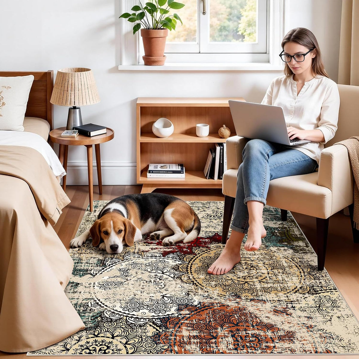 Washable 4x5 Area Rug Abstract: Red Soft Non-slip Mat Bathroom Households