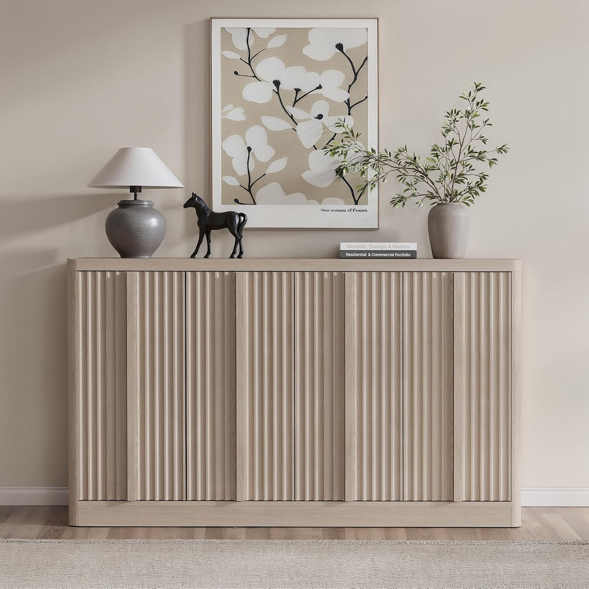 YANSNWO 60" Fluted Buffet Cabinet with Solid Wood Handles, White Alder(1PC)