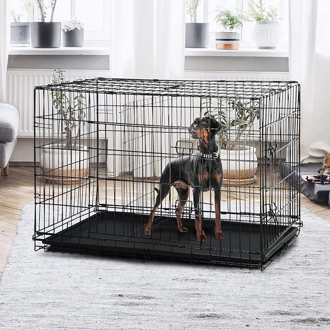 Large Dog Crate 42 Inches Double Door Pet Crate Folding Metal Wire Dog Cage with Divider Panel Leak-Proof Plastic Pan Indoor Outdoor Pet Crates for Medium and Large Breed Pet Animals Black
