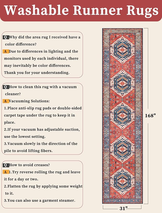 SERISSA Runner Rug for Hallways, Extra Long Boho Rug Ultra Soft Vintage Rust