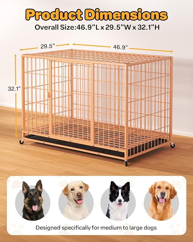 48 Inch Large Dog Crate, Escape Proof Dog Cage with Dual Door Lock and Swivel Casters,Removable Tray for Easy Cleaning, Dog Kennel Indoor Outdoor Use