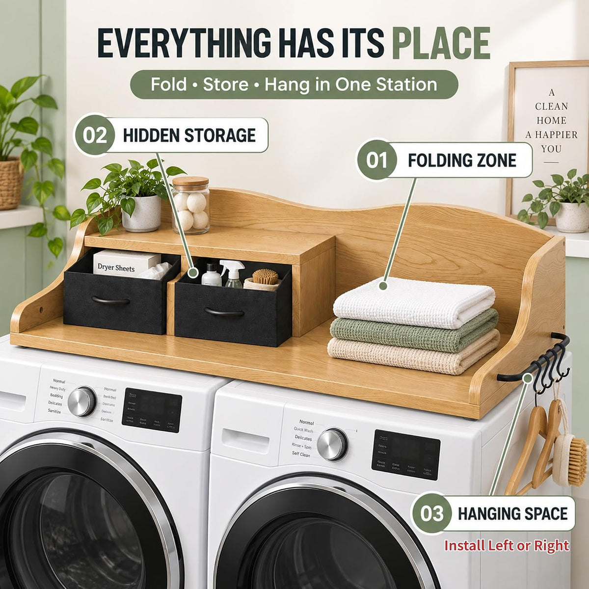2-Tier Washer Dryer Countertop, Laundry Room Organizer with Drawers & Side Hanging Rod, Wave Design Washer Top Shelf for Folding Clothes and Storage, Laundry Countertop Cover with Hooks