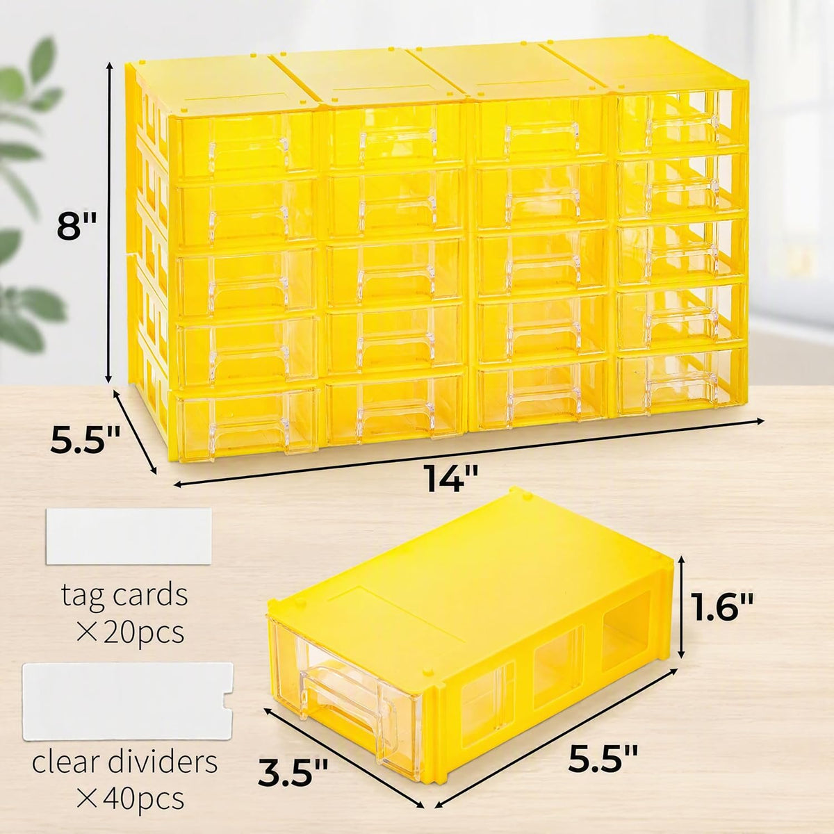 Goaste 20 Pack Drawer Stacking Storage Cabinet, Plastic Desktop Drawer Closet, Small Parts Screw Craft Organizer Container with 40 PCS Clear Dividers & 20 PCS Tag Cards for Home Office School Items