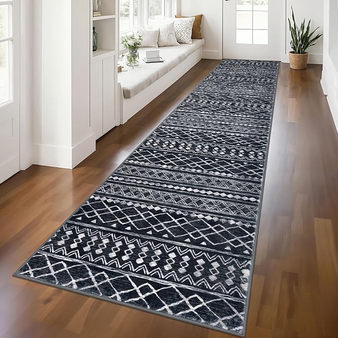 KUTA Hallway Runner Rug 2.6x12 Non-Slip Washable, Moroccan Vintage Black Boho