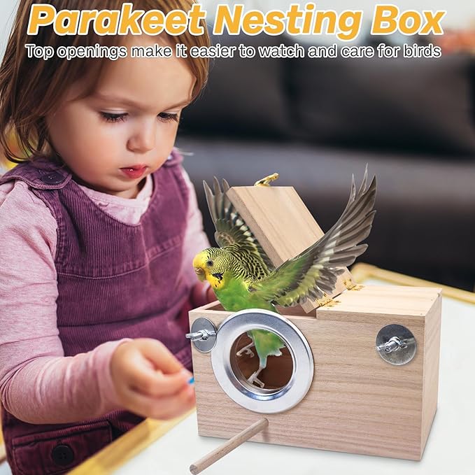 PINVNBY Parakeet Nesting Box Bird House for Cage Wood Mating Box Bird Breeding Box for Lovebirds, Cockatoo, Budgie, Finch, Canary Small and Medium Sized Birds (M:7.9 * 4.7 * 4.7 inch)