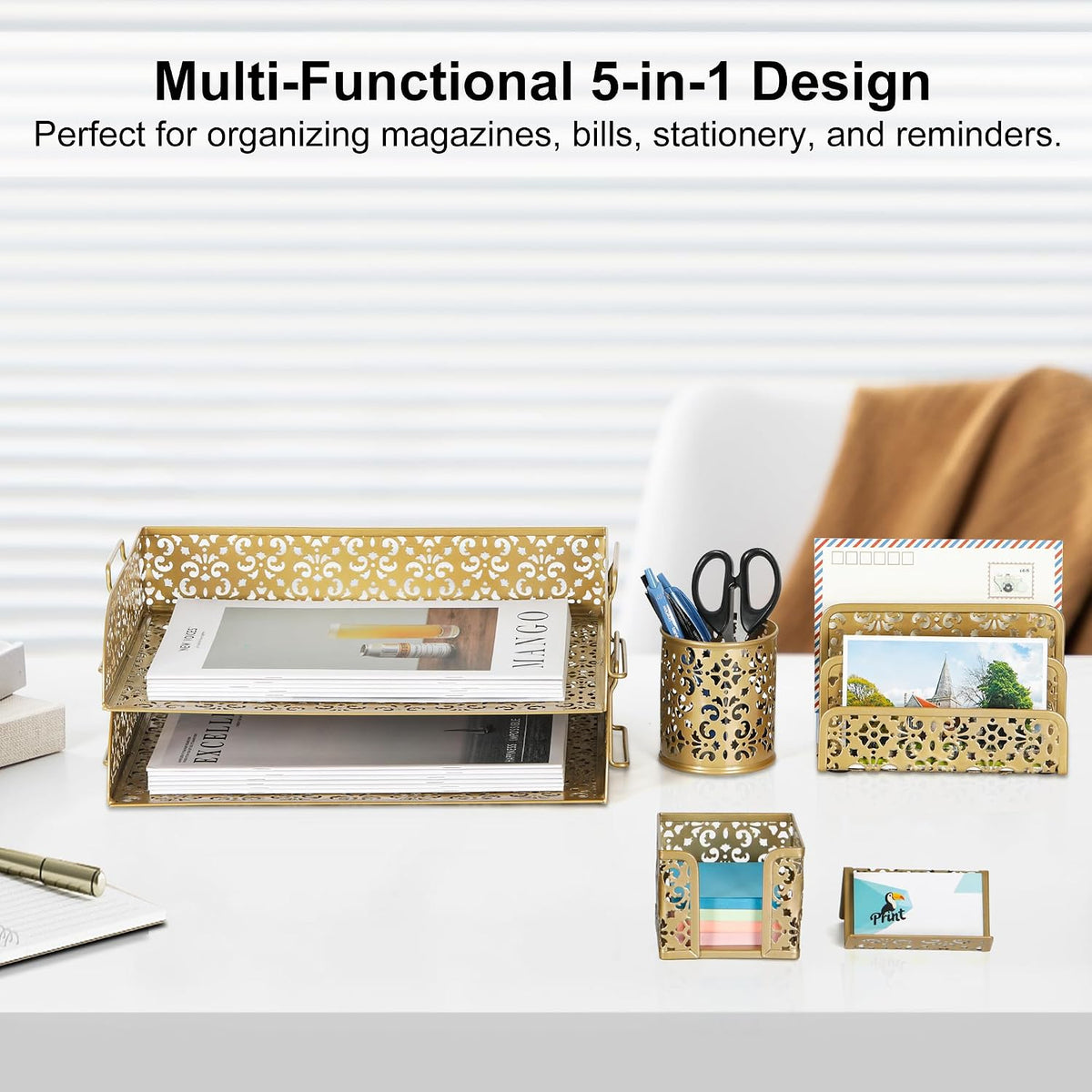 EasyPAG Desk Organizers and Accessories 5 Pieces Office Supplies Set - 2 Tier Paper Tray, Pencil Organizer for Desk, Mail Sorter Countertop, Business Card Holder and Sticky Note Holder, Gold