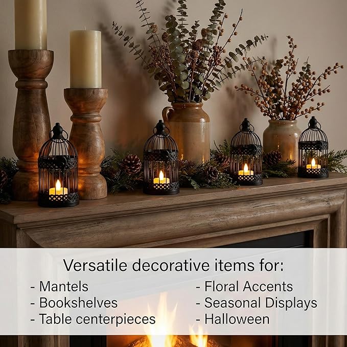 VELA LANTERNS 6" Birdcage Decor Candle Holder Lantern Decorative Table Centerpiece Halloween Decorations, Black, Small, Set of 4