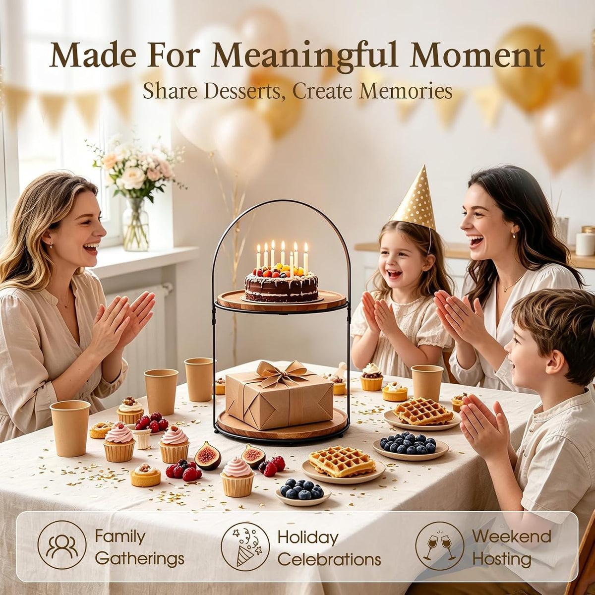2-Tier Acacia Wood Cupcake Stand, Cake & Dessert Table Display, Arched Iron Frame Tiered Display Stand for Birthday, Wedding, Coffee Bar, Kitchen Counter & Party Decor, Black