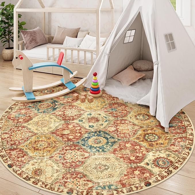 Lahome Moroccan Trellis Washable Round Area Rug, Round Rug 5ft Soft Non-Slip