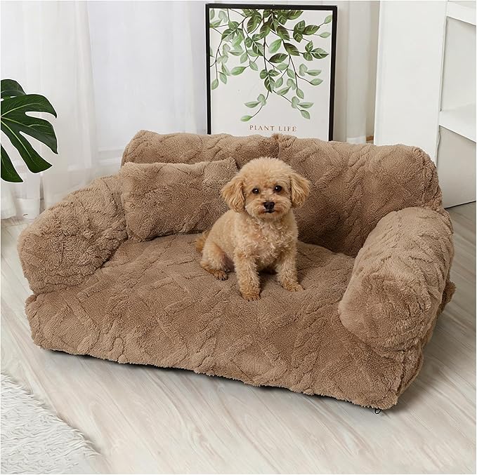 Plush Calming Pet Sofa Bed, Raised Rim, Removable Cover & Non-Slip Bottom for Cats & Dogs, Calming Dog Bed Fluffy Plush Dog Mat for Furniture Protector with Removable Washable Cover (Khaki, Large)