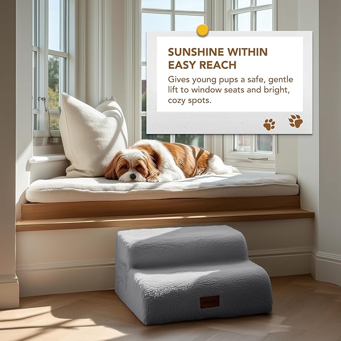PETNOVO Ultra-Soft Rabbit Fur-Like Dog Stairs for Couch/Bed, Luxury Comfort 2-Step for Small & Senior Dogs, Non-Slip, Removable Washable Cover, Oeko-TEX Certified, 15.7" D x 15.7" Wx 11.8" H, Gray