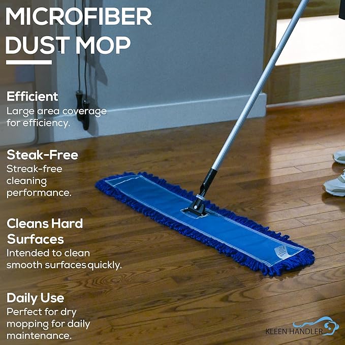 KLEEN HANDLER 36 Inch Microfiber Dust Mop, Large Washable Commercial Mop Head Replacement, Sweeper, Janitorial Supplies, Blue