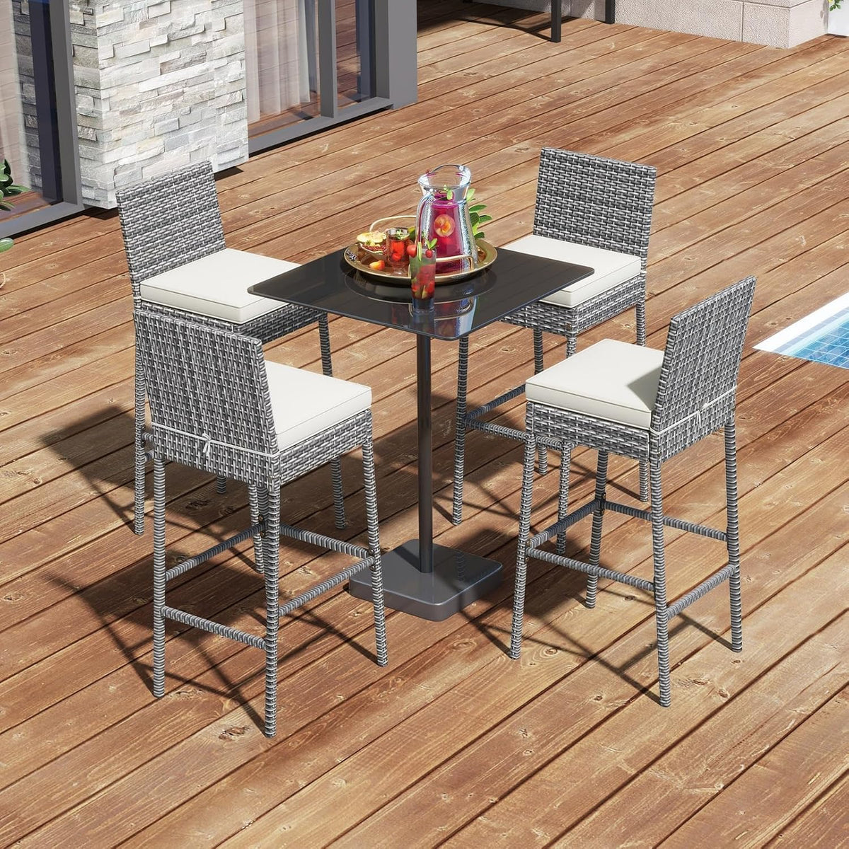 HAPPYGRILL Outdoor Rattan Bar Stools Set of 4, Wicker Bar Chairs