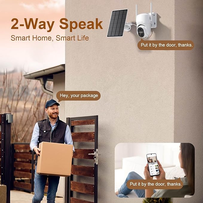HOSAFE.COM Home Security Cameras Wireless Outdoor, Outdoor Camera Wireless WiFi, 360 Camera Solar Powered, PTZ, PIR Sensor, 2K HD Color Night Vision, 2-Way Talk, IP66 Waterproof, 2 Pack