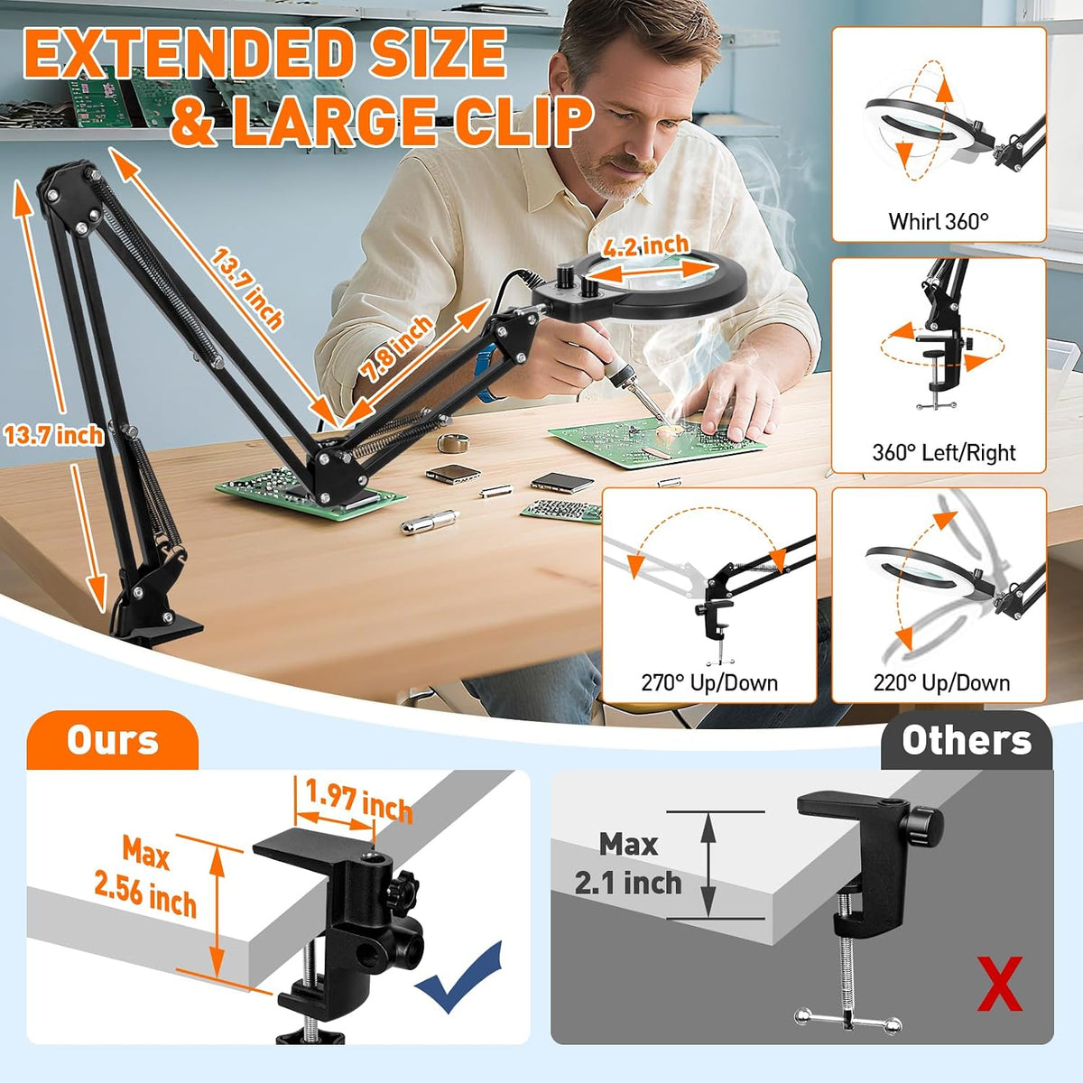 KIRKAS 12X 30X Magnifying Glass with Light and Stand, Extra-Long Arm Knob