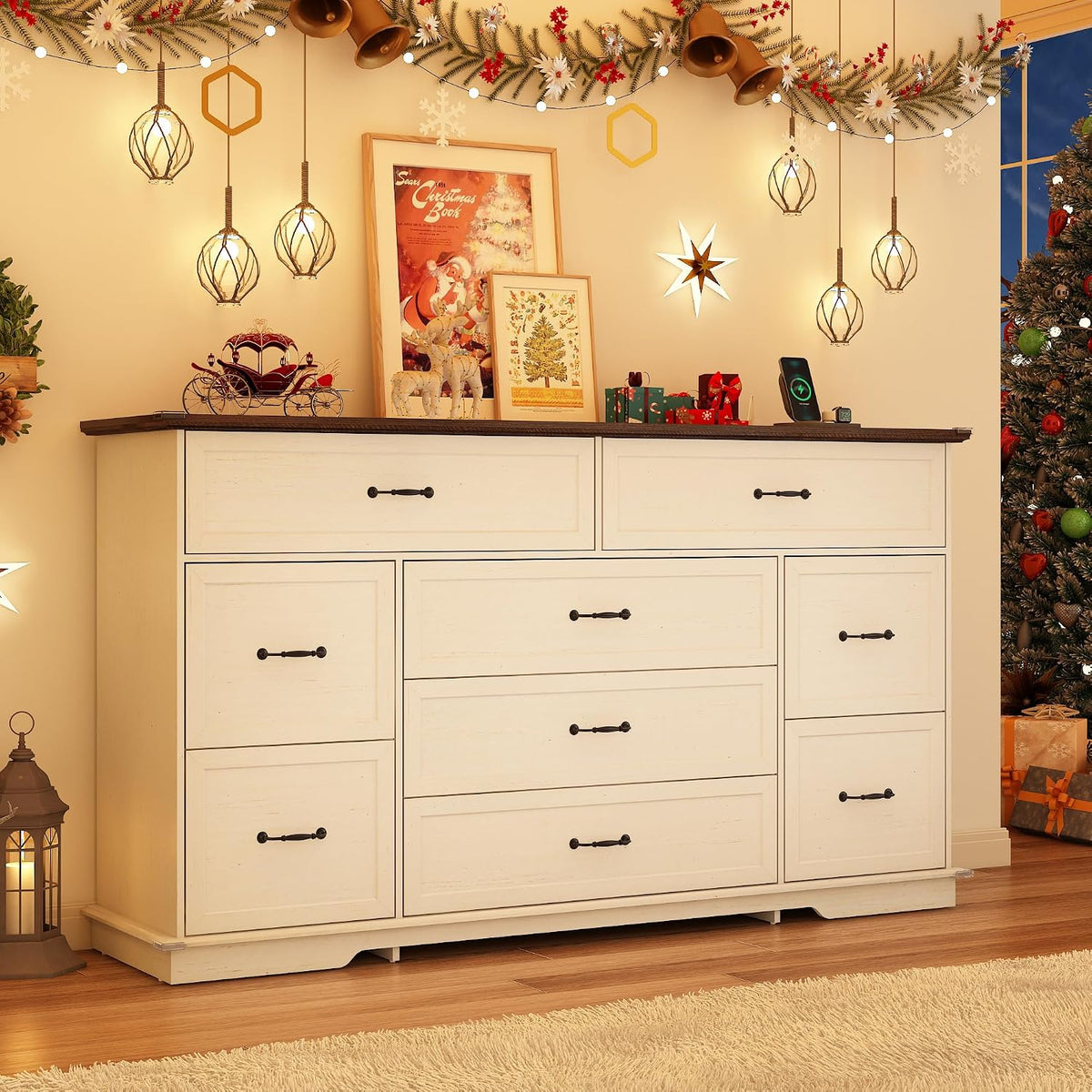 jiteentarou Farmhouse 9 Drawer Dresser for Bedroom,63” Wood Dresser & Chest of Drawers with Power Outlets,Large & Wide Dressers for Bedroom,Tall Storage Dresser Organizer(White)