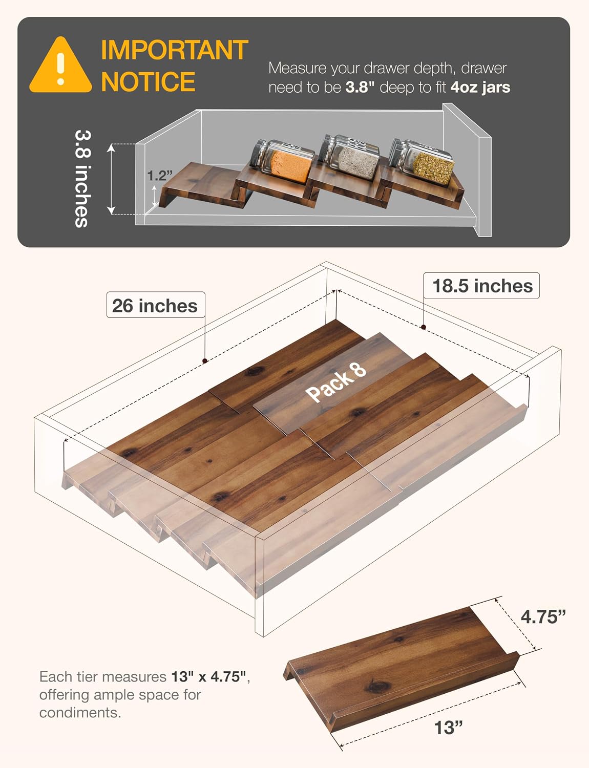 Tinamo Acacia Wooden Spice Rack Organizer for Cabinet, 8 Pcs, Walnut Finish