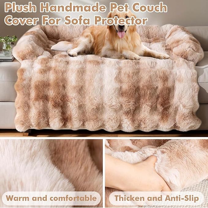 Pet Couch Covers for Sofa, Dog Couch Cover Protector, Fuzzy Sofa Cover Cream Square Plaid Dog Bed Plush Dog Mat for Furniture Protector for Large Medium Dogs and Cats