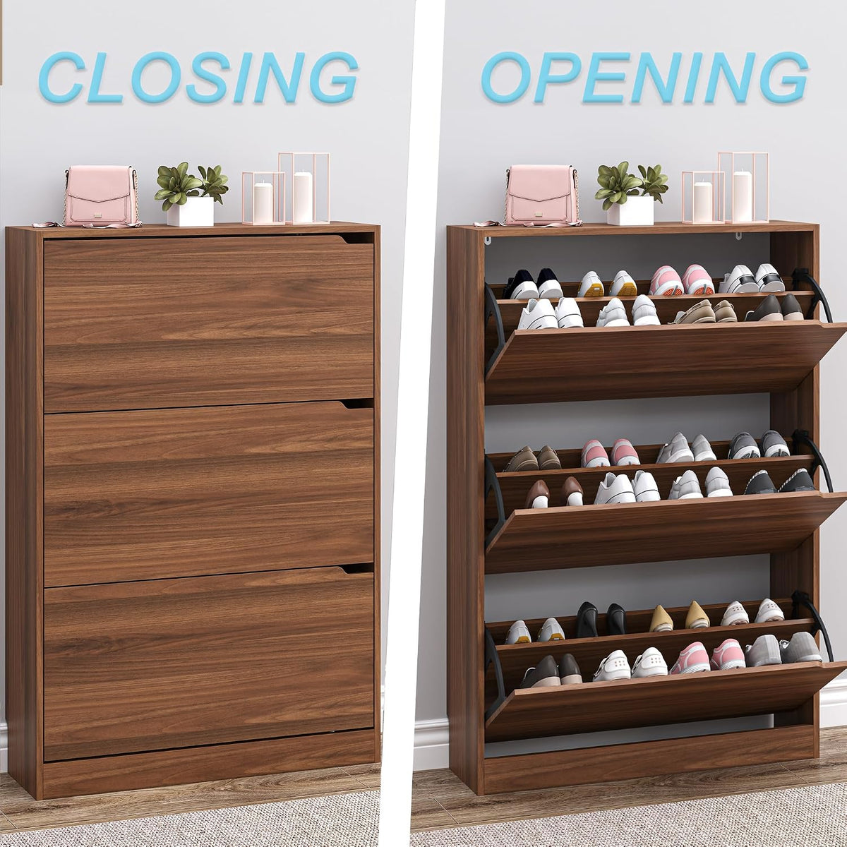BORNOON Shoe Cabinet with 3 Flip Drawers, Slim Narrow Shoe Storage Cabinet, Freestanding Shoe Organizer with Adjustable & Removable Shelves, Top Display Shelf for Entryway, Hallway, Foyer, Closet