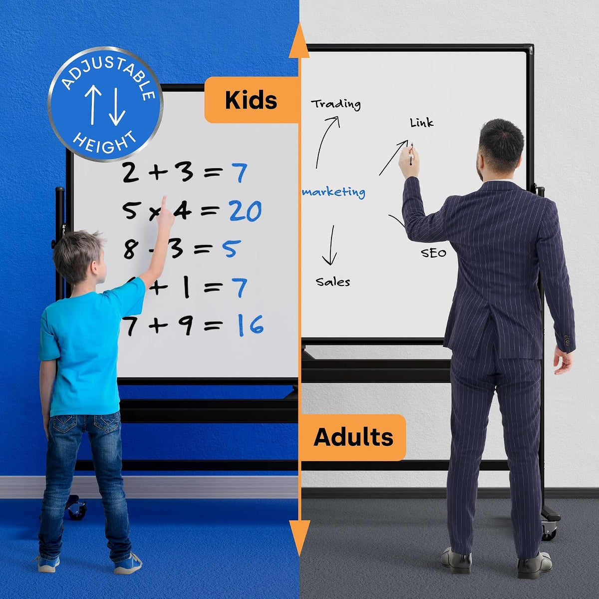 Kamelleo Rolling Whiteboard on Wheels 96" x 46", Double Sided White Board