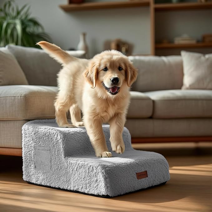 PETNOVO Ultra-Soft Rabbit Fur-Like Dog Stairs for Couch/Bed, Luxury Comfort 2-Step for Small & Senior Dogs, Non-Slip, Removable Washable Cover, Oeko-TEX Certified, 15.7" D x 15.7" Wx 11.8" H, Gray