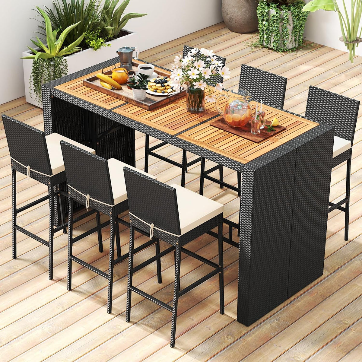COSTWAY 7 PCS Patio Rattan Wicker Bar Set, 30'' Bar Height Chairs with Back, Footrest and Cushion, Outdoor Table with Wooden Top for Backyard Garden Deck