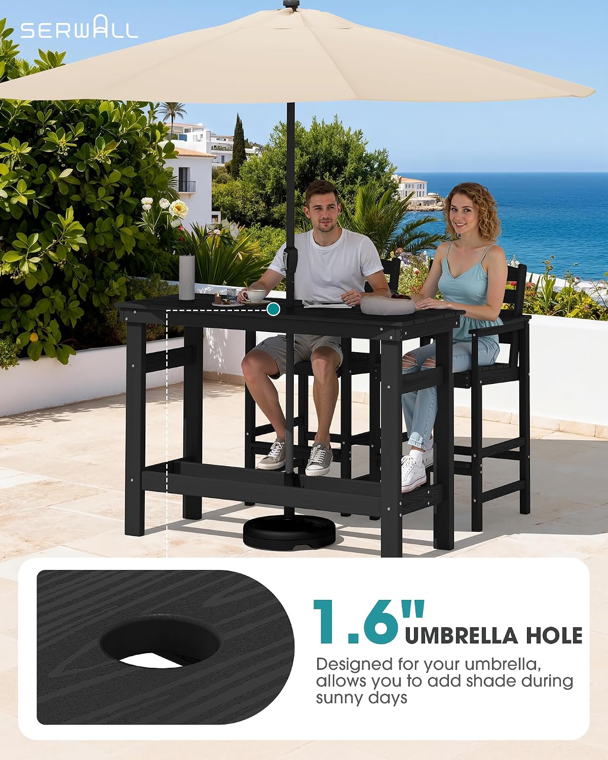 SERWALL 41" HDPE Outdoor Bar Table with 1.6" Umbrella Hole, Black